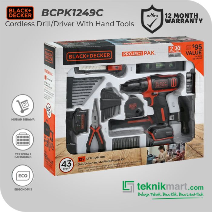 Black And Decker BCPK1249C 12Volt Cordless Drill Driver Kit Bor Obeng  Baterai dengan Perkakas