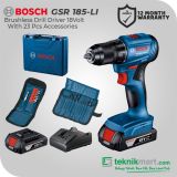 Bosch GSR 185-LI 18 V Brushless Drill Driver + 23 Acc / Bor Obeng Baterai + 23 Aksesoris 