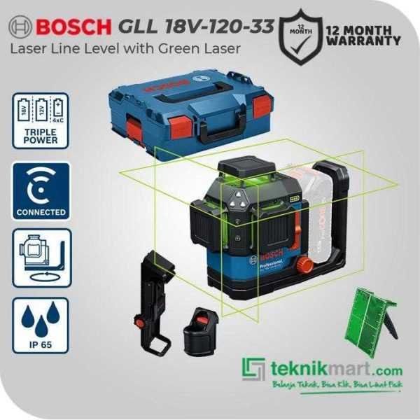 BOSCH GLL 18V-120-33 CG LINE LASER LEVEL 18VOLT 35M WORKING RANGE 3 LINES (360°) GREEN LASER (1X KOTAK ALAT)
