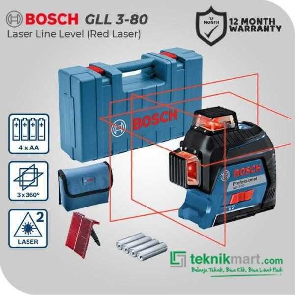 BOSCH GLL 3-80 LINE LASER LEVEL 30M WORKING RANGE 3 LINES (360°) RED LASER (4X BATERAI AA, 1X KOTAK ALAT)