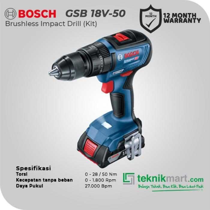 BOSCH GSB 18V-50 BRUSHLESS IMPACT DRILL 18VOLT 2.0AH KIT (2X GBA 2.0AH, 1X GAL 18V-20, 1X KOTAK ALAT) - Image 2