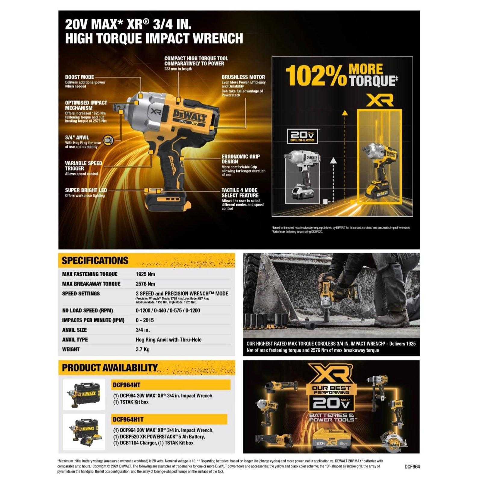 DEWALT DCF964H1T-KR BRUSHLESS IMPACT WRENCH 20V MAX SQ 3/4" 1.925NM (1X BATT 5.0AH, 1X CHARGER, 1X KOTAK ALAT) - Image 4